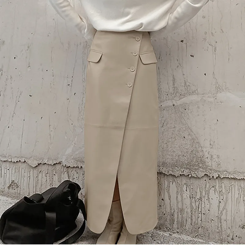 Leather Khaki Personalized PU Leather Half Skirt 2024 Autumn Winter New Item Niche High Waist Slim Fit Leather Skirt For Women