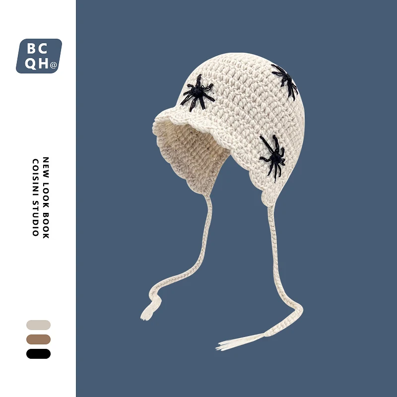 New Retro Flower Design Knitted Hats for Women Spring and Autumn Travel Versatile Casual Sweet and Cute Strap Beanies Caps