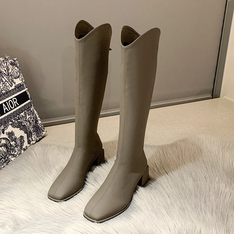 Square-toe Women Knee-length Boots Rear Zip Square Heel Mid-calf Boots New Knight Boots Black Shoes Plus Velvet Warm Women Boots