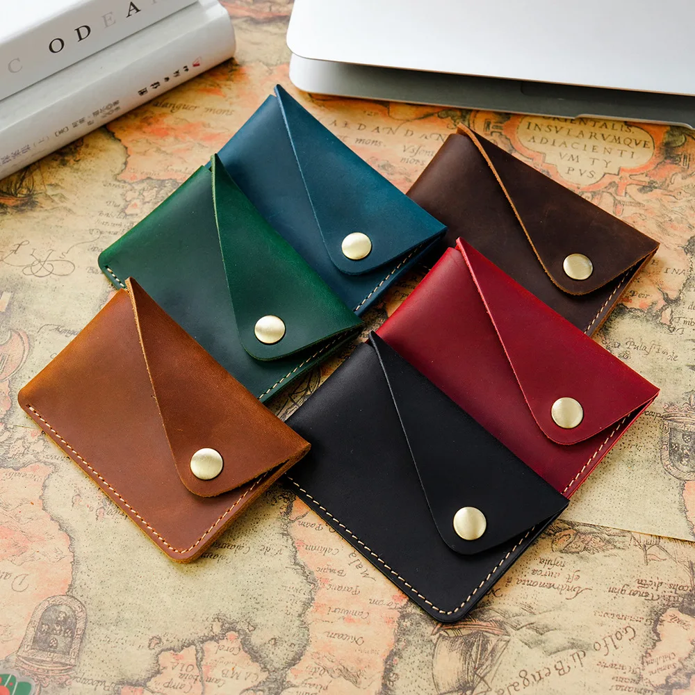 Handmade minimalist cowhide card case. Head layer cowhide creative small snap closure wallet. Japanese retro card bag.