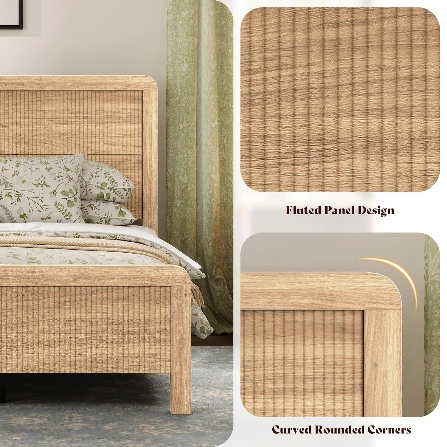 Wood King Size Bed Frame with Headboard & Footboard, Modern Fluted Wooden Platform Bedframe with Rounded Safety Edges,Custom view 4