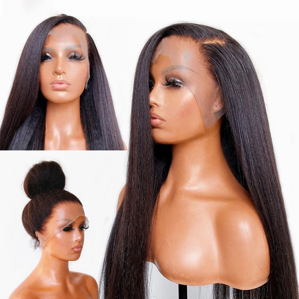 

Soft Yaki 180%Density 26Inch Long Kinky Staright Lace Front Wig For Black Women Babyhair Natural Hairline Glueless Preplucked