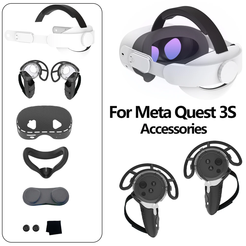 For Quest 3S Protective Case Elite Head Strap Controller Grip Covers Face Cover Lens Cap and Eye Mask for Meta Quest 3S