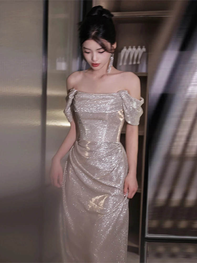 

Вечернее платье с пайетками на одно плечо, длинное, элегантное, для выступлений, свадебное, для невесты, для тостов