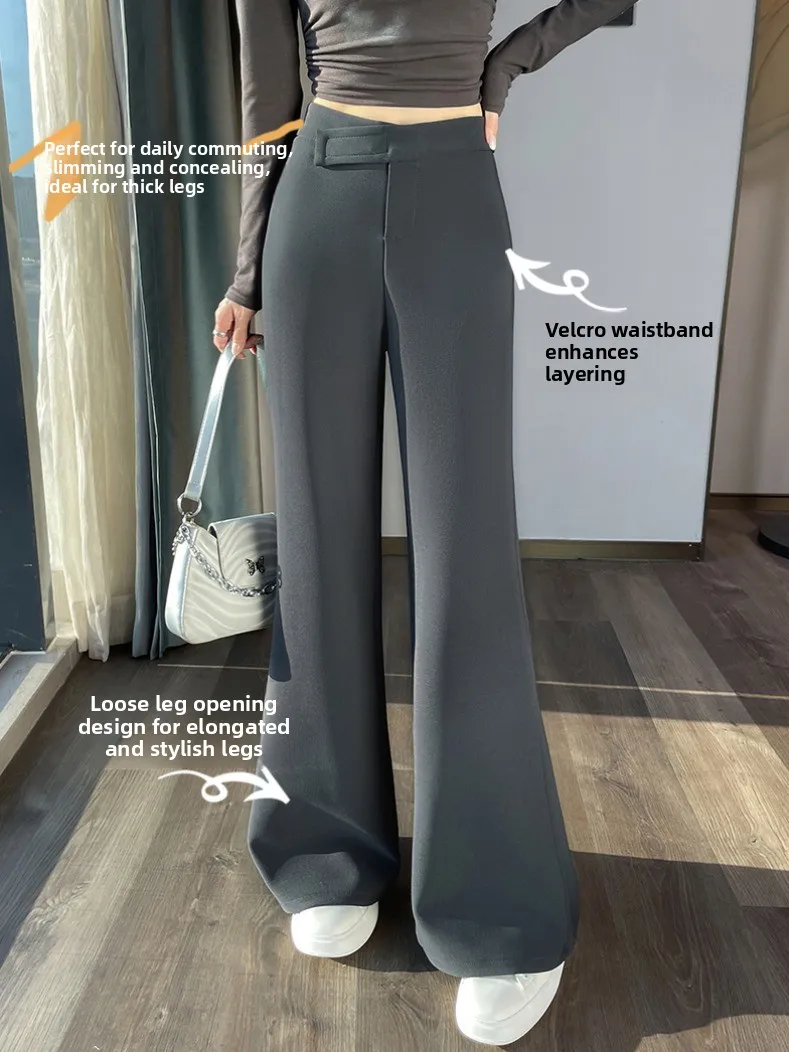 Calças Casuais de Cintura Alta para Mulheres Primavera 2026 Design de Fita Mágica Bla Bell Bot Calças Retas Coreanas