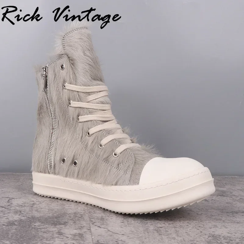 Rick Vintage Knight  Women Ankle Boots Horse Hair Upper High Quality Handmade Men Boots Modern Fashion Female High Top Shoes