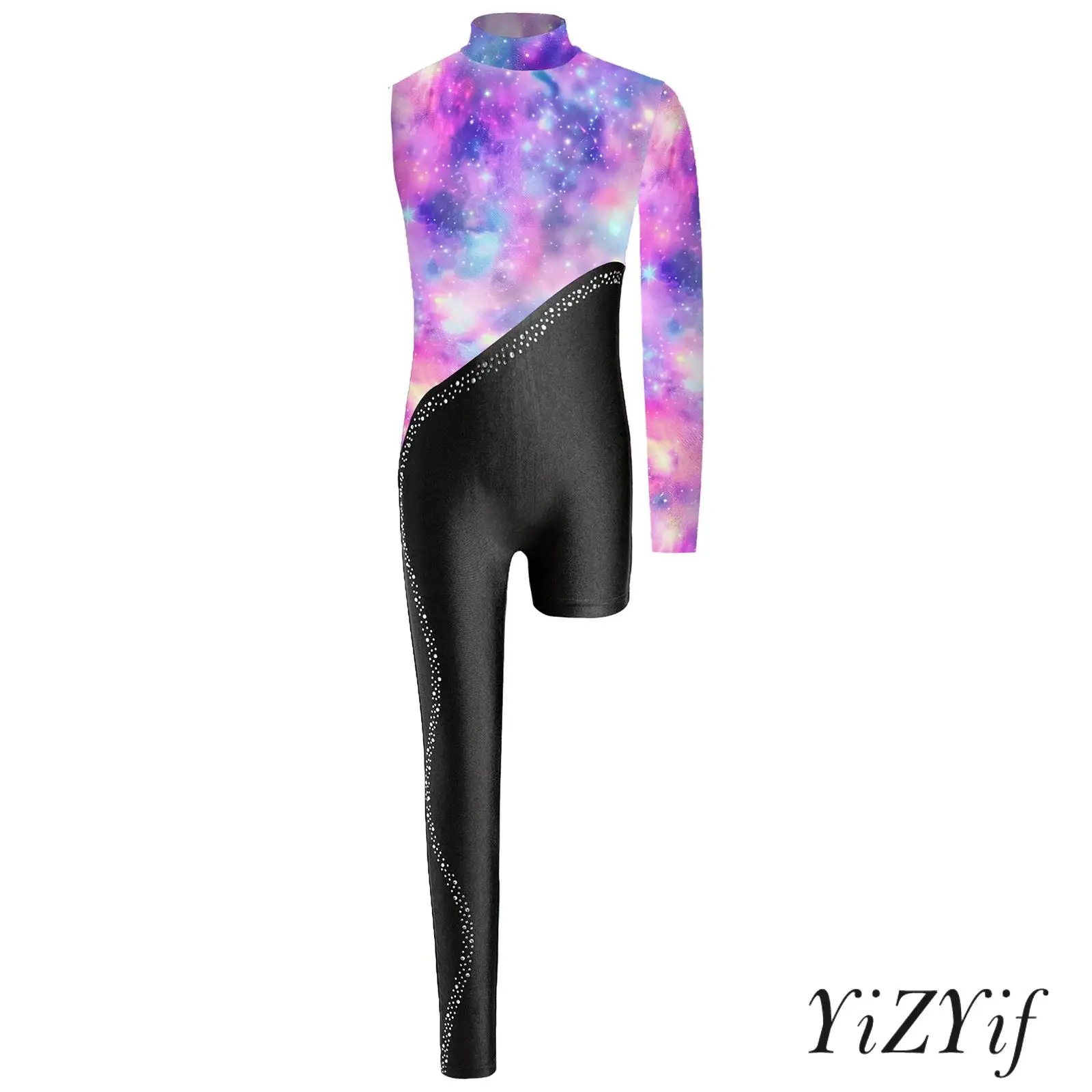 

Kids Girls Gymnastics Leotard Sparkly Rhinestone Asymmetry Design Printed Full Length Figure Skating Jumpsuit Bodysuit Catsuit