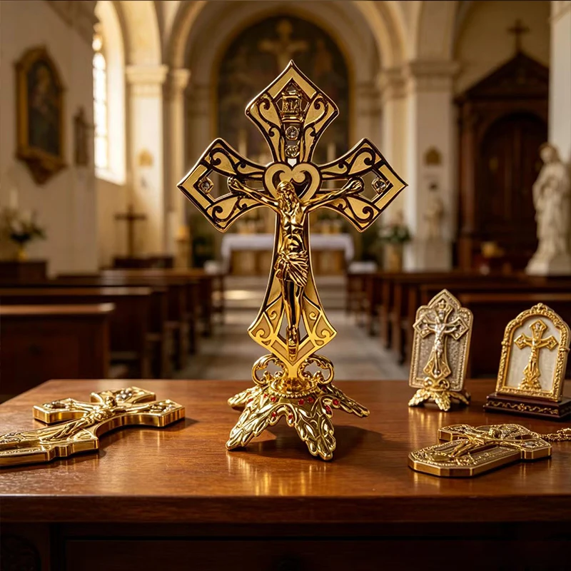 

New 2026 Ornate 19cm Gold Plated Standing Crucifix Cross with Openwork Design & Red Rhinestone Base for Catholic Home Altar Gift