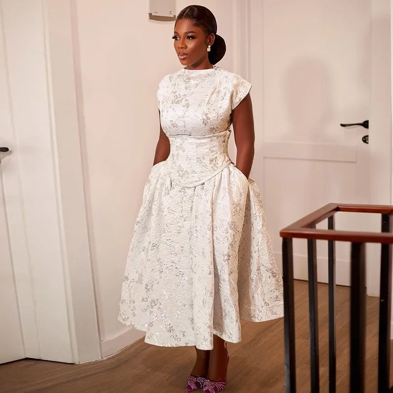 

Summer Dress White Elegant Party Short Sleeve Round Neck Dresses High Waist Pleated Skirt A Line Dress Fitted Waist Midi Dress