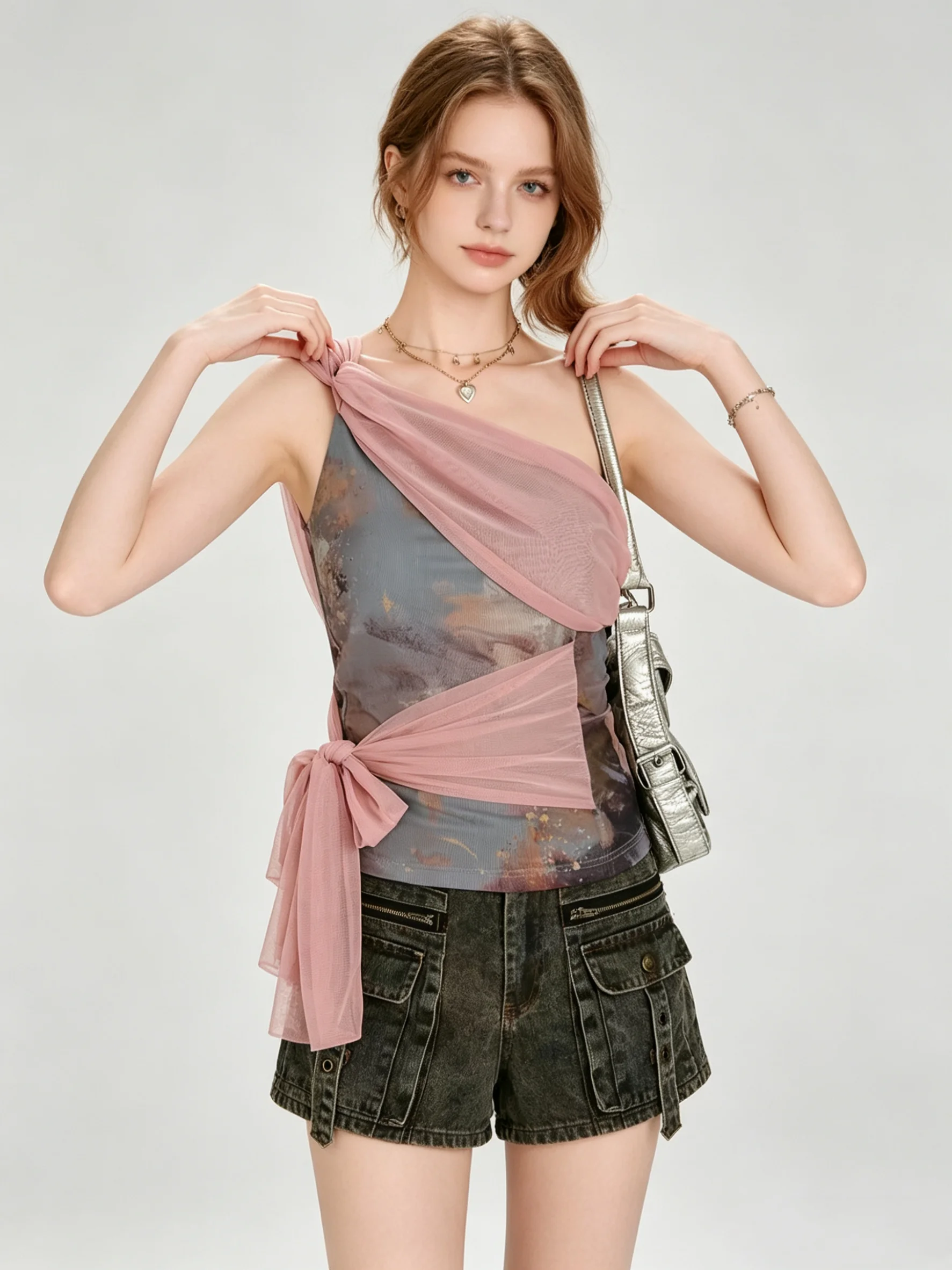 

Женская винтажная майка с принтом, розовая, сетчатая, облегающая, в стиле Y2K Gyaru, на одно плечо, без рукавов, для женщин, летняя