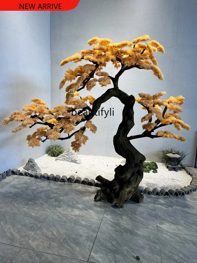 X New Chinese Simulation Yellow Welcome Pine Landscape Root Carving Wooden Staircase Store Fake Trees