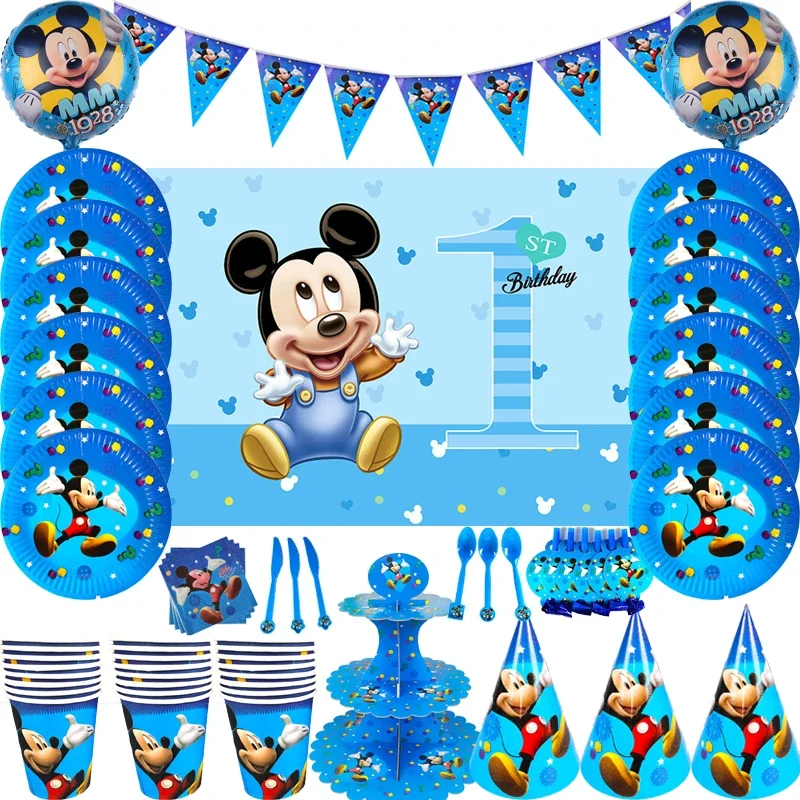 Disney Blue Mickey Mouse Theme Party Supplies Girls Birthday Background Decoration Cup Plate Knife Fork Spoon Disposable Cutlery