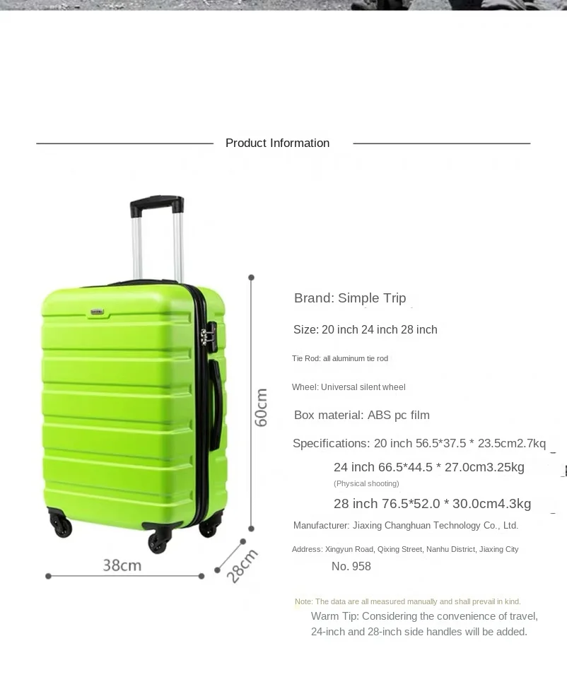 20 24 28 Inch Suitcase Set 3 Piece Luggage Large Capacity Suitcase Cabin Size Zipper ABS Trolley Case Business Trip