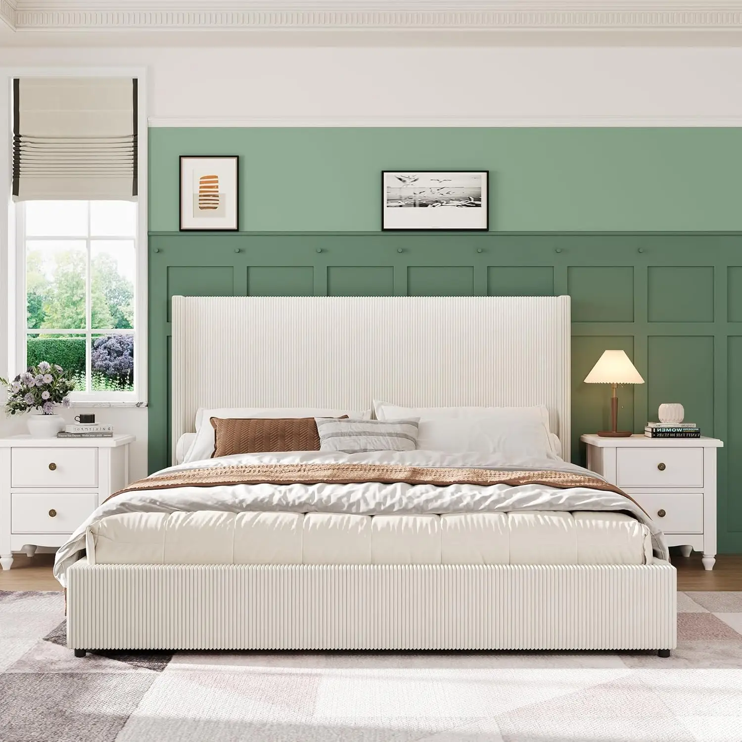 Upholstered Platform Bed with Wingback Headboard, Wooden Slats Support with 4 Drawer, No Box Spring Needed, Noise Free, Easy Assembly, White