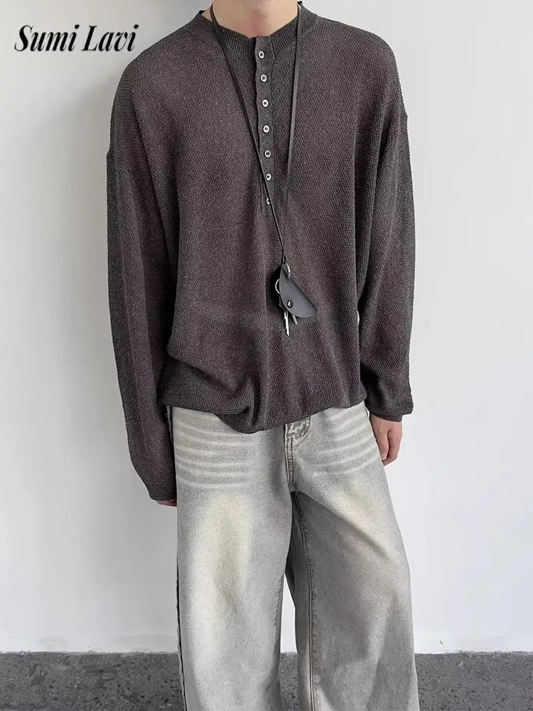 

2026 Spring Fall Mens Casual Henley Shirt O Neck Long Sleeve Solid Color Sweater Men Vintage Slim Hollow Out Knitted T Shirts