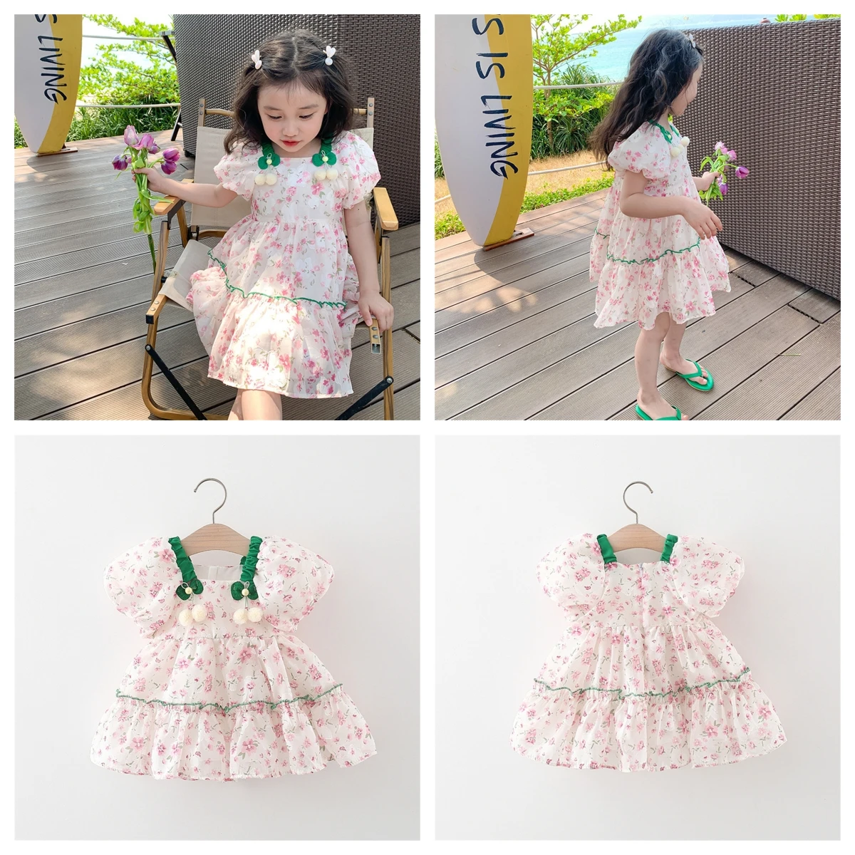 Baby Beach Dress Girl Sweet Bubble Sleeves Summer Beautiful Dress Children'S Fragmented Comfortable Clothes