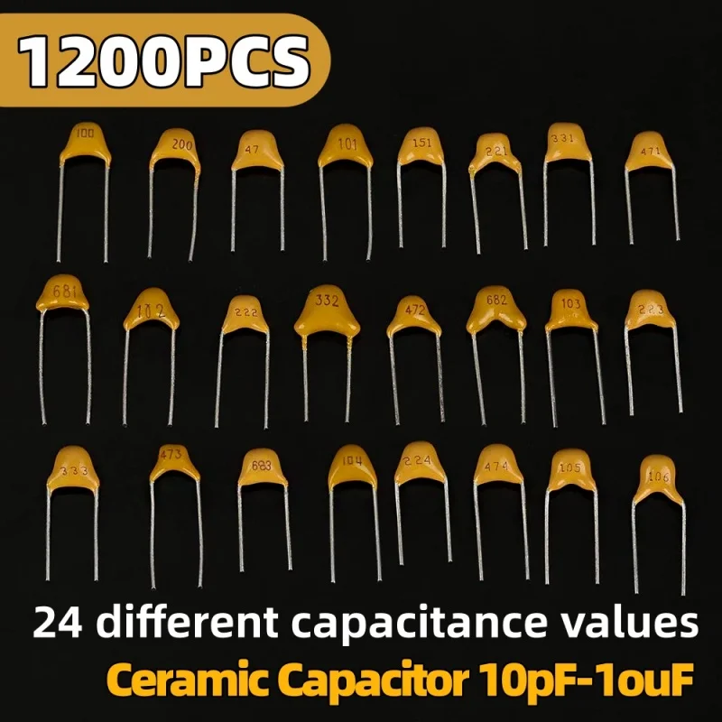 1200Pcs Monolithic Ceramic Capacitor Assorted Kit, 24 Values 50Pcs Each 10pF‑10uF Multilayer Ceramic Capacitors