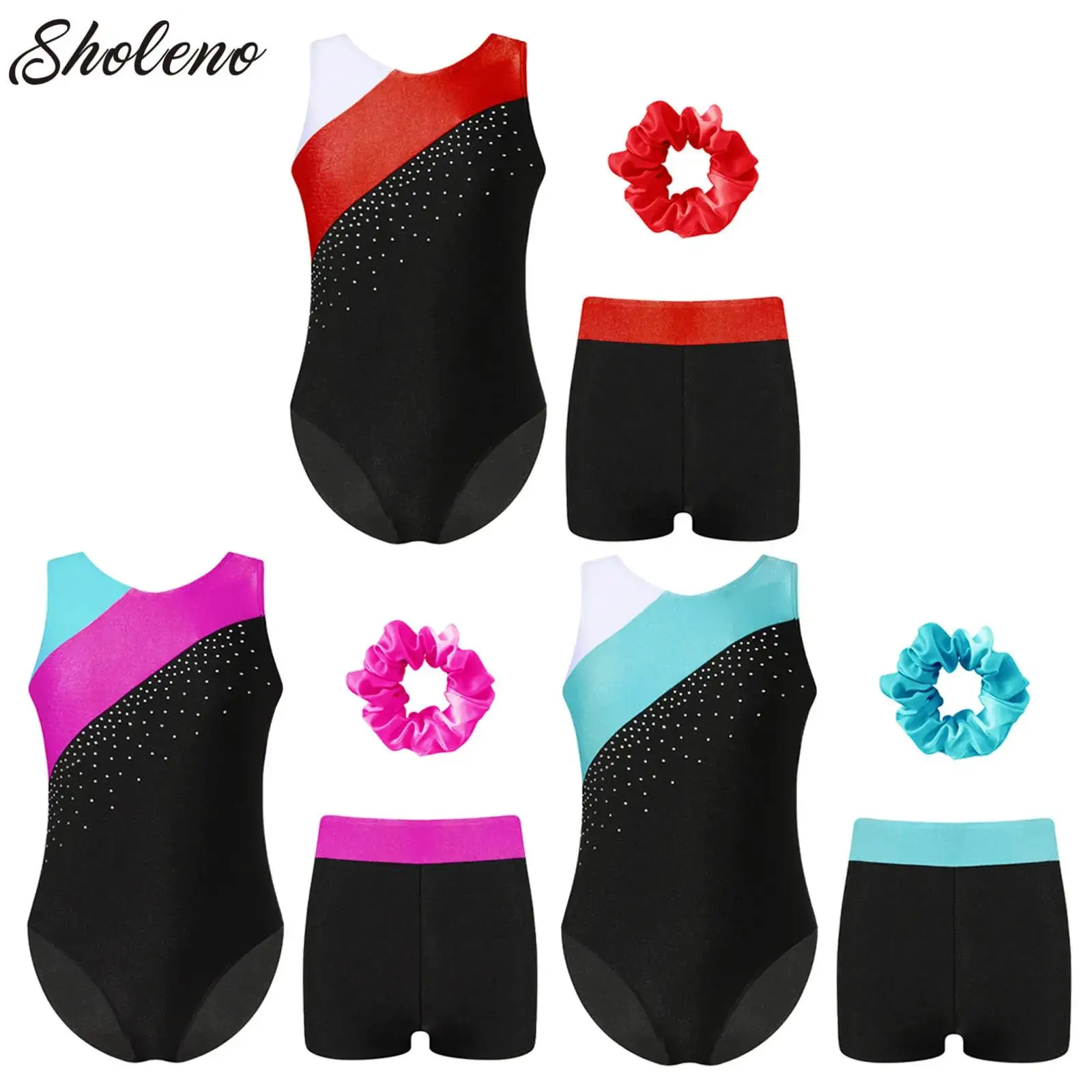 Kids Sleeveless Gymnastics Leotard Ballet Unitard Shorts Hair Band Activewear Set GYM Training Exercise Workout Fitness Swimwear