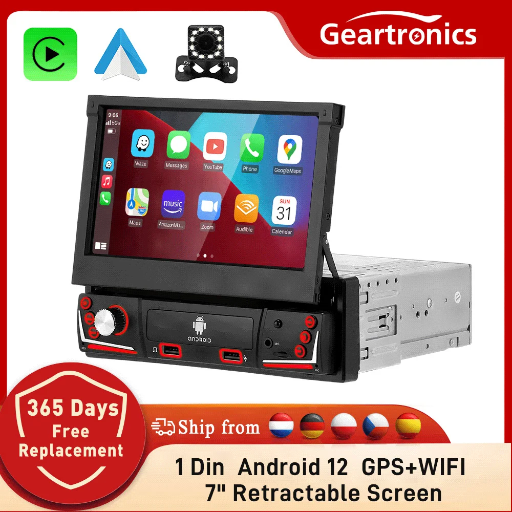 1 Din Car Radio Android 12 7 Inch Retractable Screen Multimedia Video Player Universal Carplay Android Auto GPS WIFI Car Audio