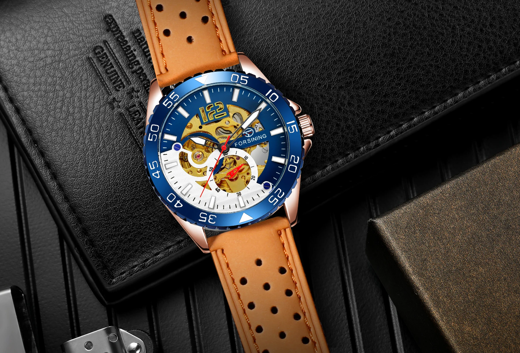FORSINING Sporty Watches For Men Waterproof Hollow Automatic Mechanical Digital Bezel Leather Band Steampunk Military Male Clock
