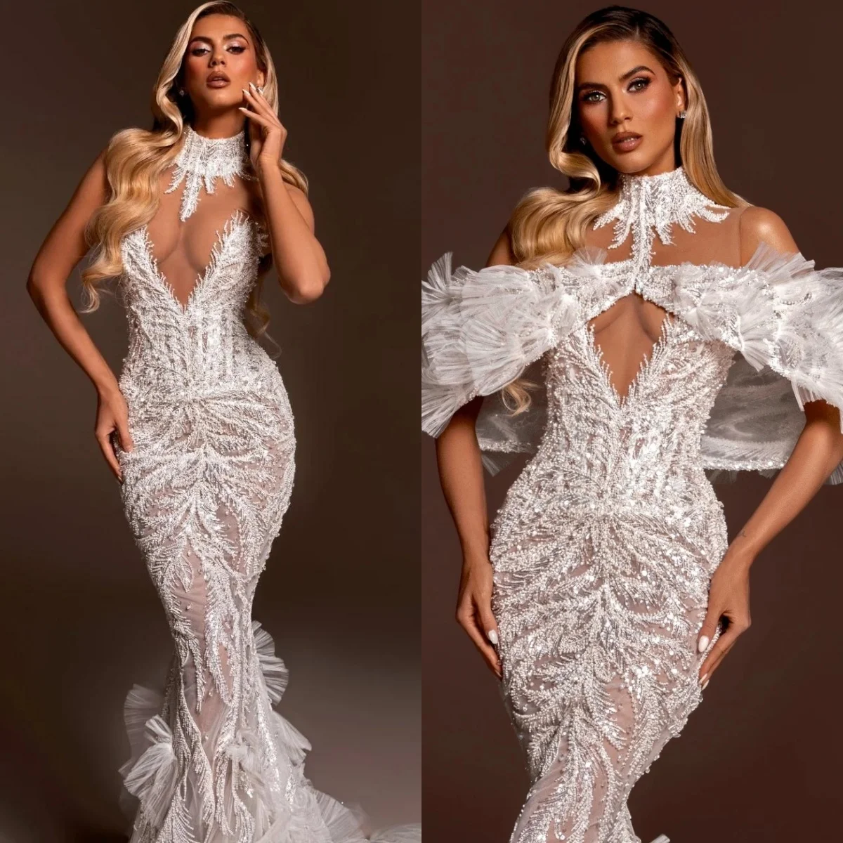 

Fashion Beading Wedding Dresses Sequins High Neck Bride Gown See Through Crystal Bridal Dress Custom Made Vestidos De Novia