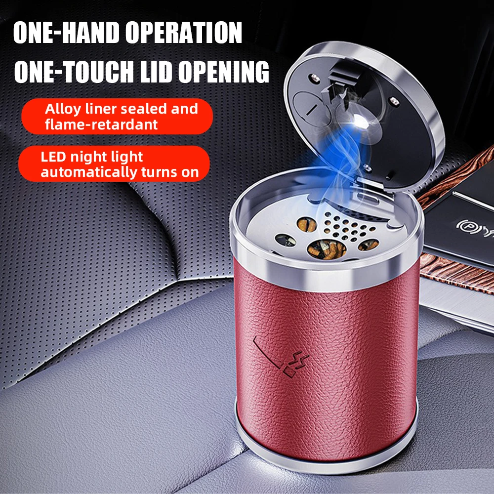 Car Mount Ashtray Alloy Luxury Leather Cigarette Ash Holders with Lid LED Light Trash Can for Seat Cup Holder Auto Accessories