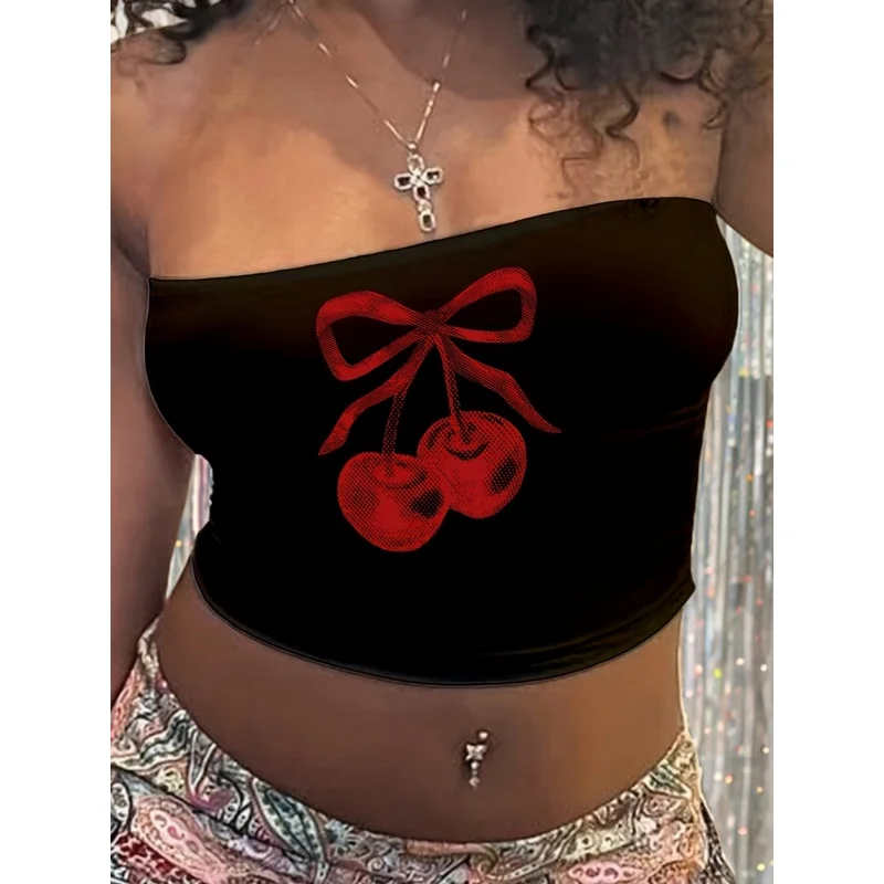 Red Bow Cherry Vintage Print Tube Top Women Y2K Sweet Cool Style Strapless Black Cropped Bandeau Top