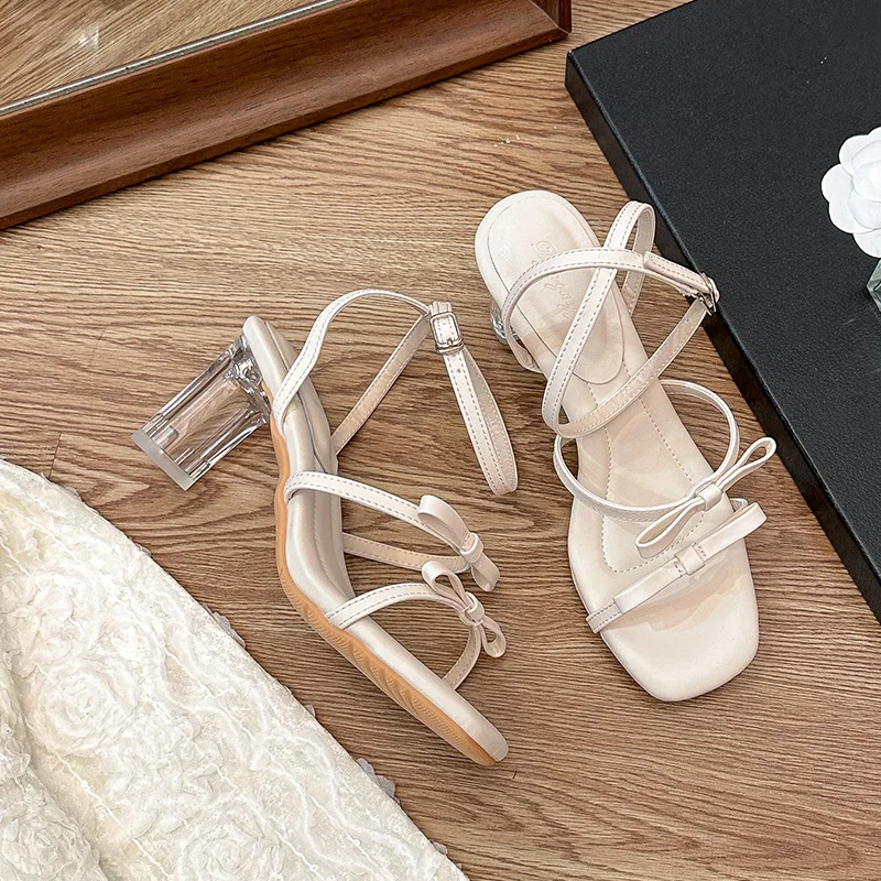 

Bow Sandals Women's New Summer Slim Strap Slim Heel Flip Flop Pointed Toe Open Toe High Heel Buckle Strap sandals womans