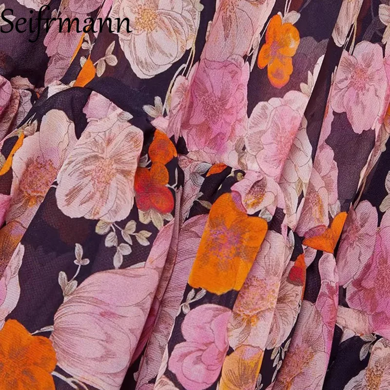 Seifrmann Elegancka damska sukienka na imprezę z kwiatowym nadrukiem i kwadratowym dekoltem z falbanami Sukienki z wysokim stanem