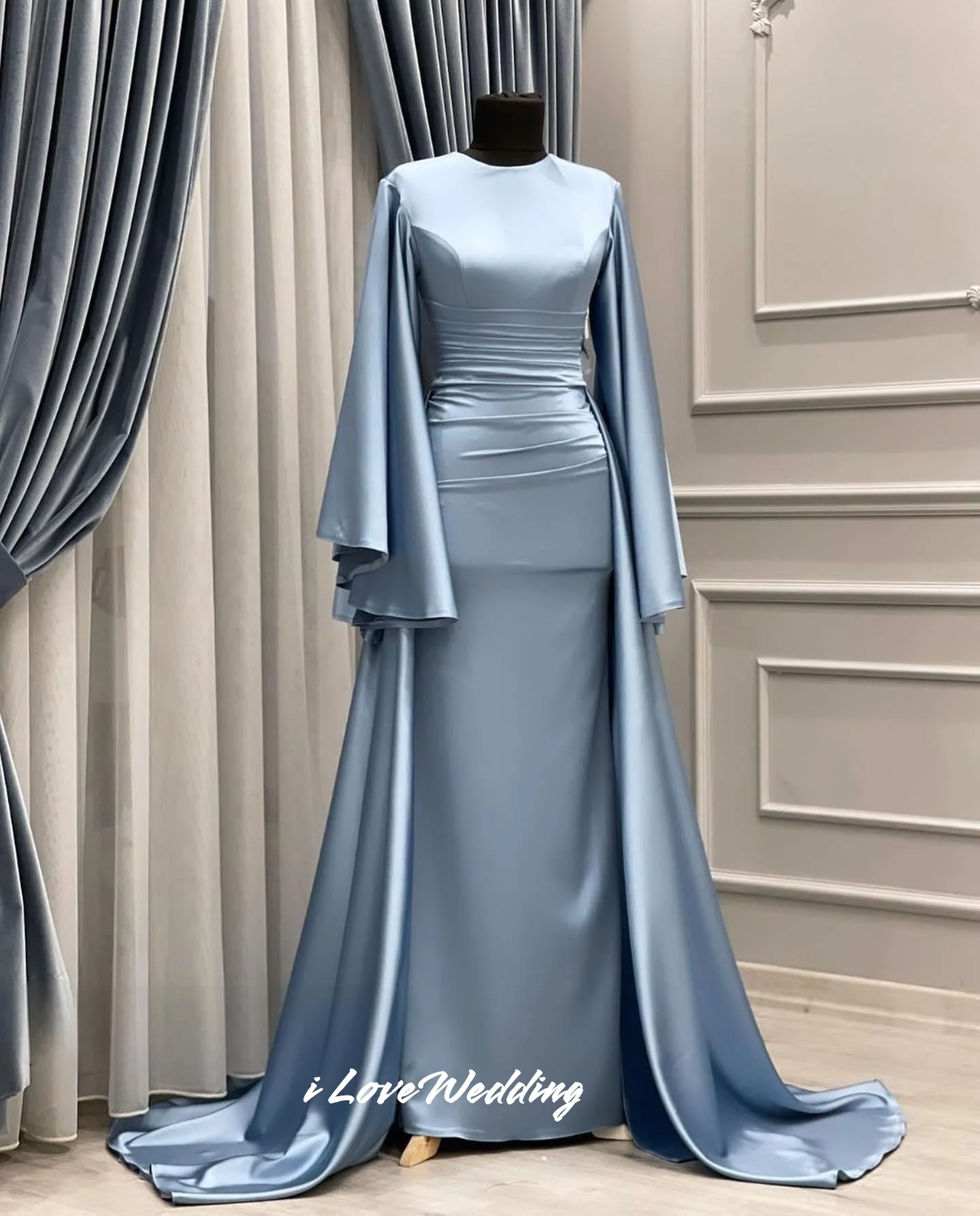 

Blue O-Neck Evening Dress 2025 Satin Long Sleeve Mermaid Muslim Sweep Train Floor-Length Pleated Wedding Party Dress Customized