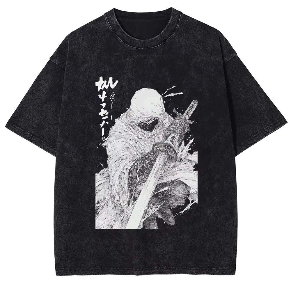 

Men Fashion Vintage Streetwear Japanese Anime Graphic Print Washed Black T-shirt Harajuku Summer Cotton Tops Tees Unisex