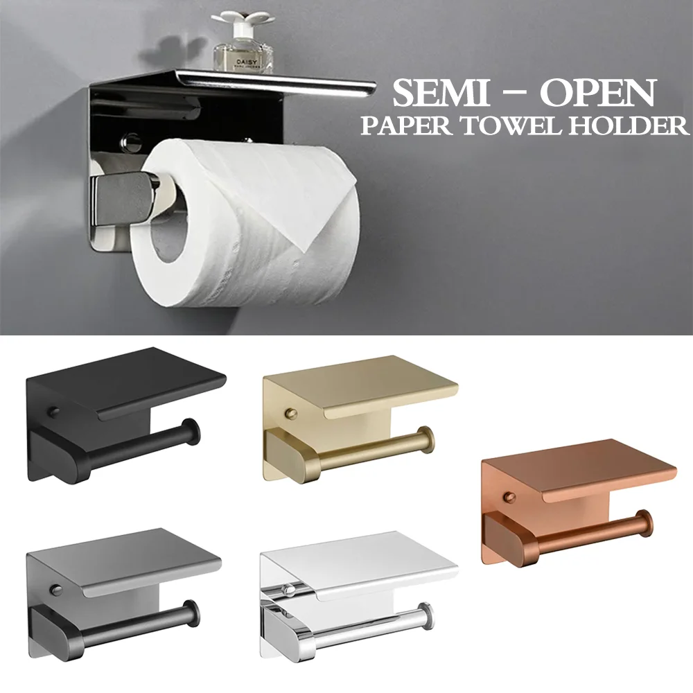 

Stainless Steel Toilet Paper Holder Wall Mount with Shelf Tissue Paper Roll Holder Drilling Design Bathroom Storage Organizer