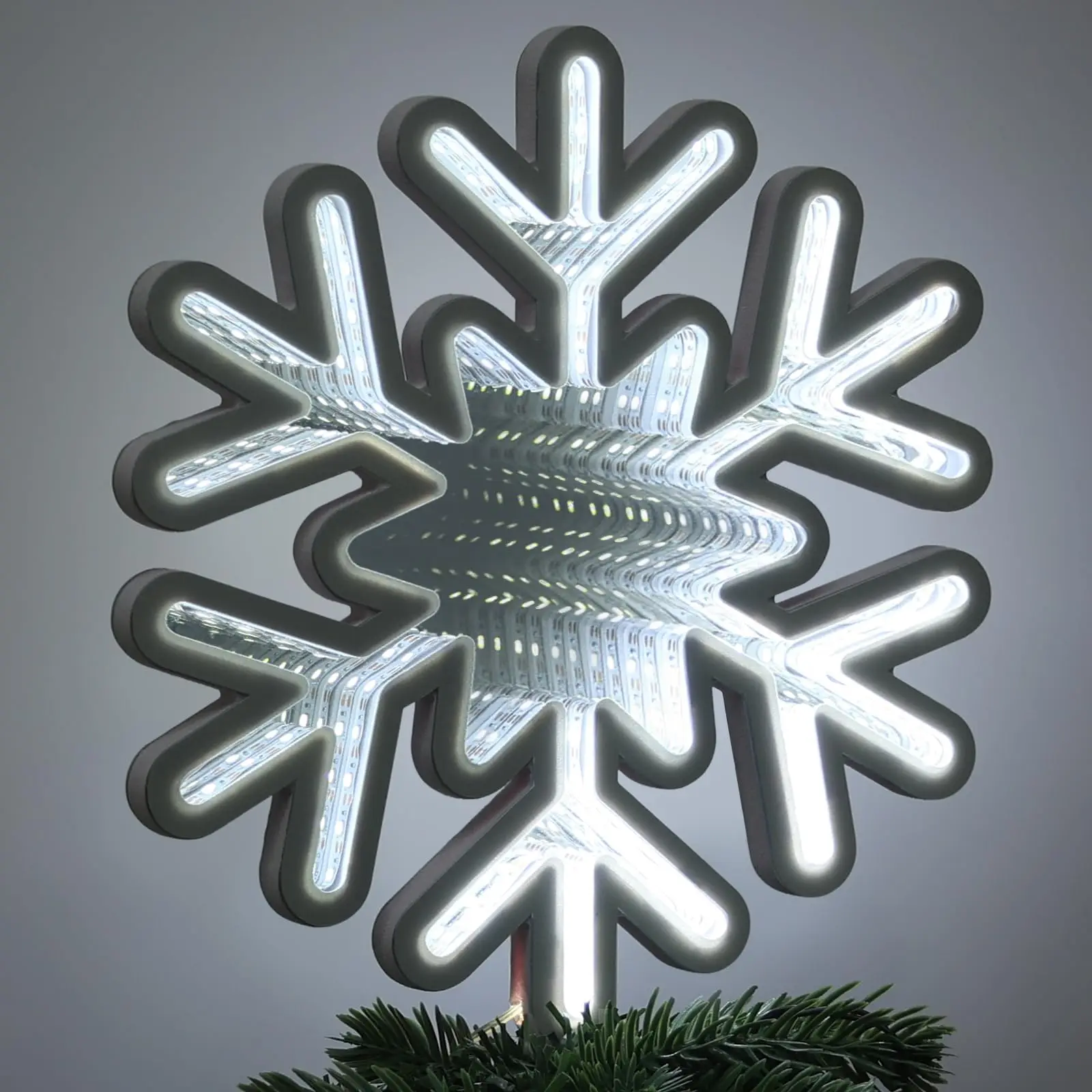 Snowflake Star Neon Sign Tree Topper for Christmas Decor 3D Infinity Mirror Snow White Lights Sparkling Treetop Winter Indoor