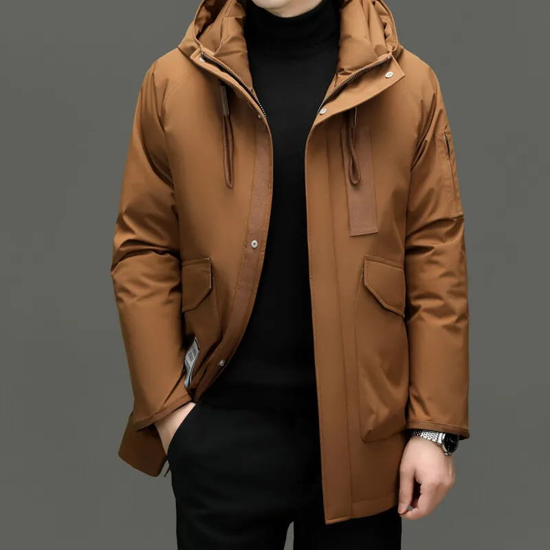 Classic 2025 Winter Men's Mid-Length Hooded White Duck Down Jacket Outdoor Windproof Wear Warm Hooded Puffer Coat Thick Clothing