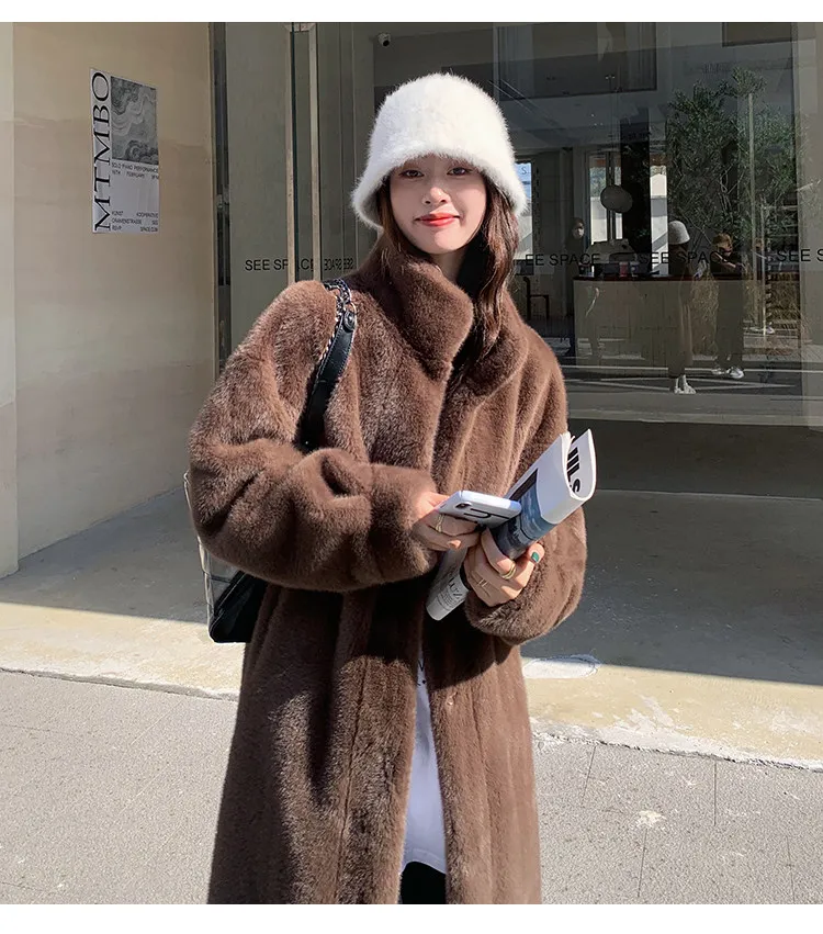 Women's Thick Faux Mink Fur Mid-length Coat Autumn Winter Fashion Stand Collar Plush Outerwear Women Elegant Warm Fluffy Jackets