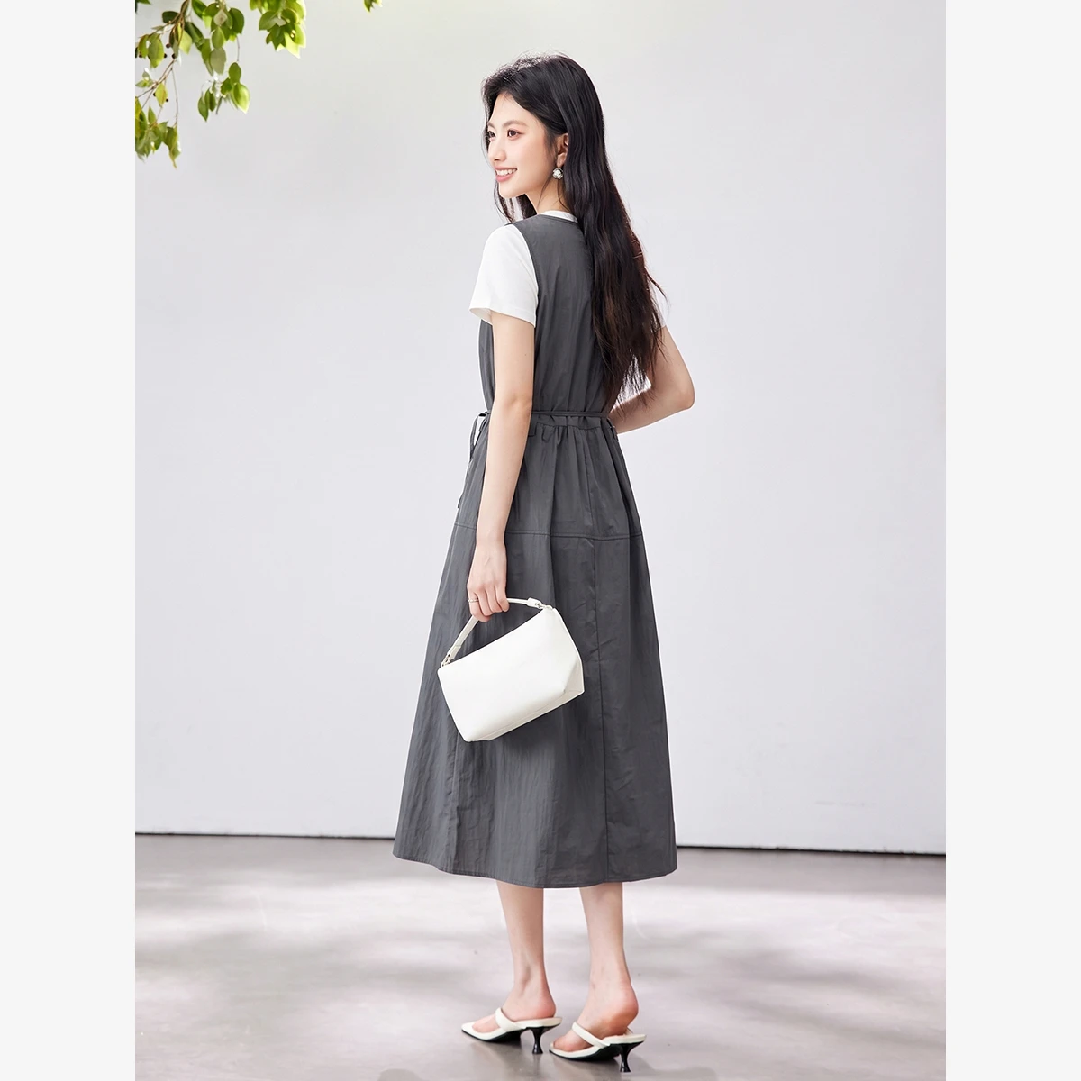 VIMLY Women's Fashionable Dress Set 2026 Summer New Casual Short Sleeve T-shirt Long Dress Two-piece Set Gray Clothes 31336