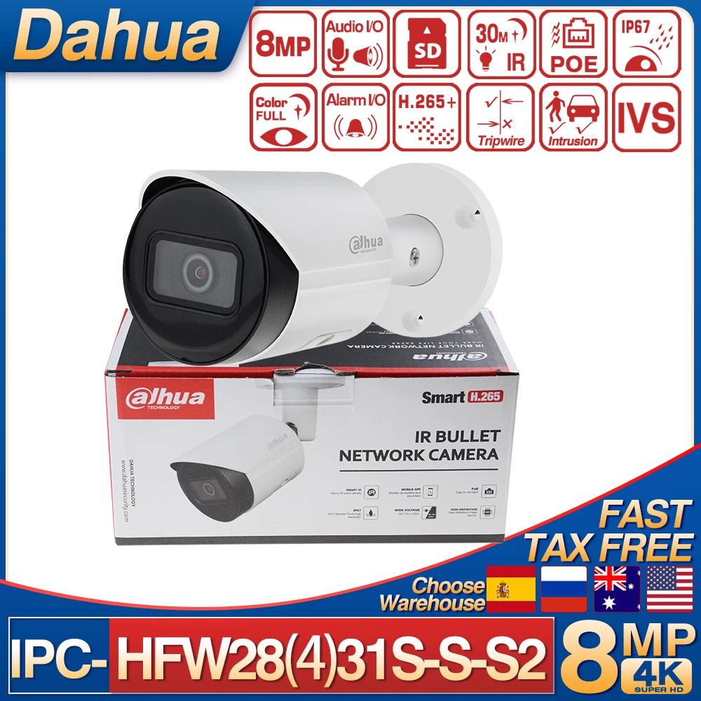 Original Dahua 4K 8MP Bullet Security Camera IPC-HFW2831S-S-S2 IP67 IR 30m Lite IR SD Card Fixed-focal Bullet Network Camera