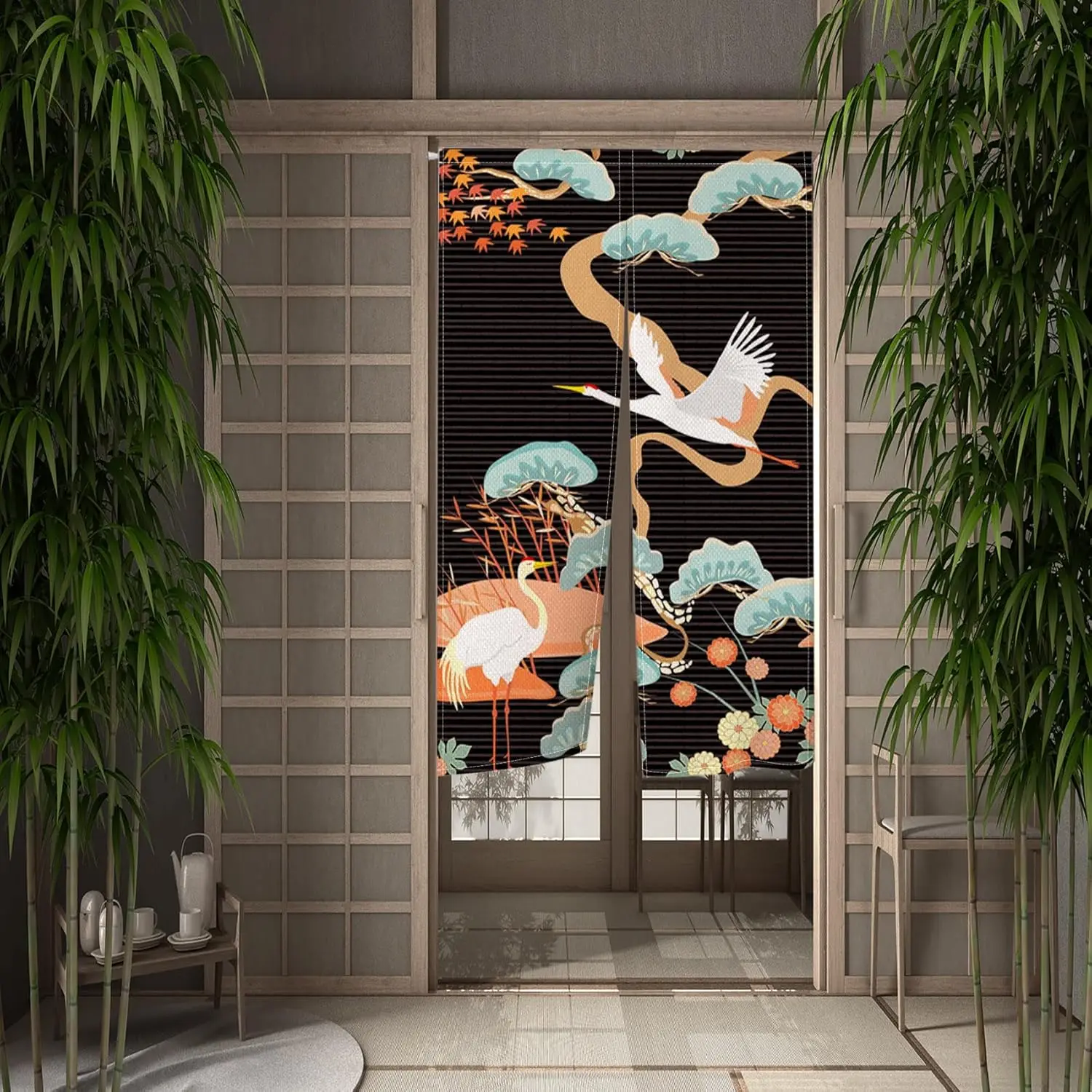 Traditional Japanese Style Doorway Curtain Noren Japanese Cranes and Flower Stripes Printed Window Treatment Tapestry for Wall