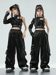 Girls Hip Hop Crop Top Cuff Camouflage Cargo Pants Clothes Sets Child PU Leather Street Dance Joggers Kids Streetwear Costumes