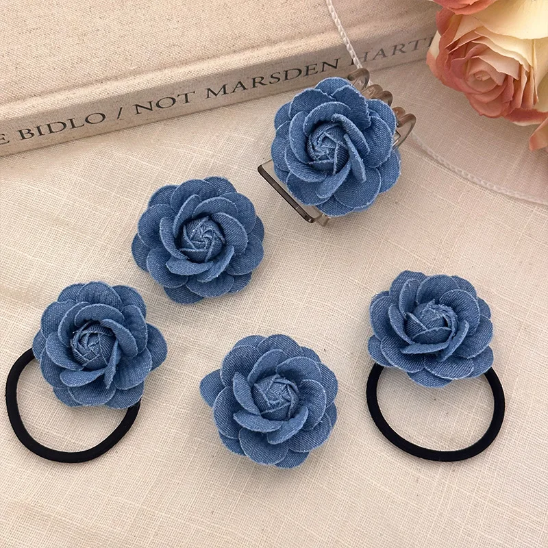 

Handmade Denim Cloth Camellia Flower Hair Rope Hair Clip Retro Blue Petal Hair Claws 3pcs/set Girly Blue Rose Hair Accessories
