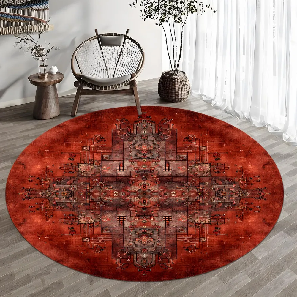 Distressed Persian Round Rug Yellow Black Ornate Medallion Holiday Floor Area Carpet for Living Room Bedroom Home Decor