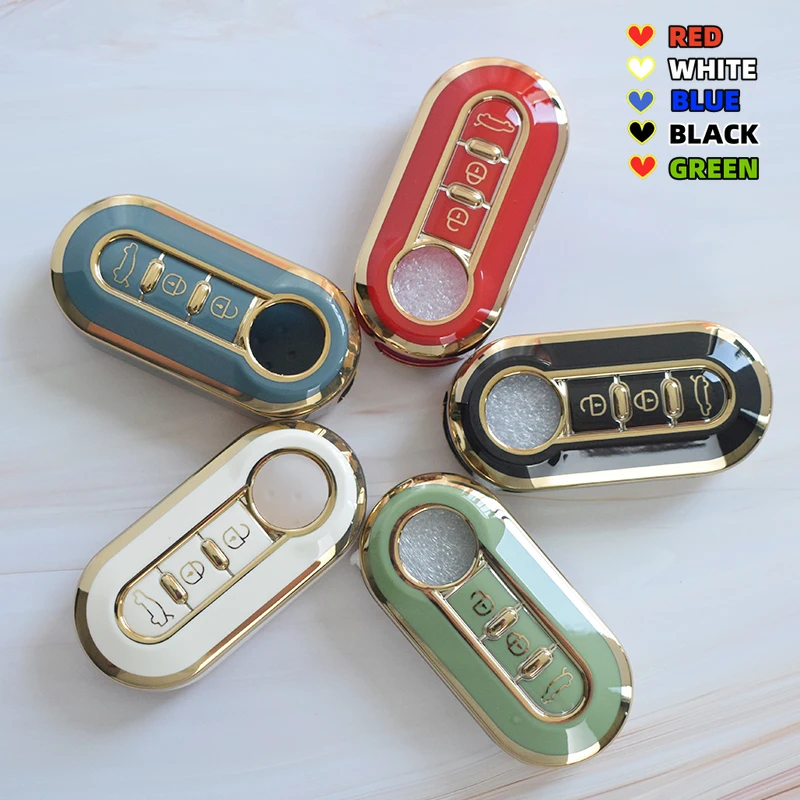 3 Buttons for Fiat 500 Ducato Panda Punto Gold TPU Car Flip Folding Key Case Cover Remote Key Shell Holder Protecor Keychain