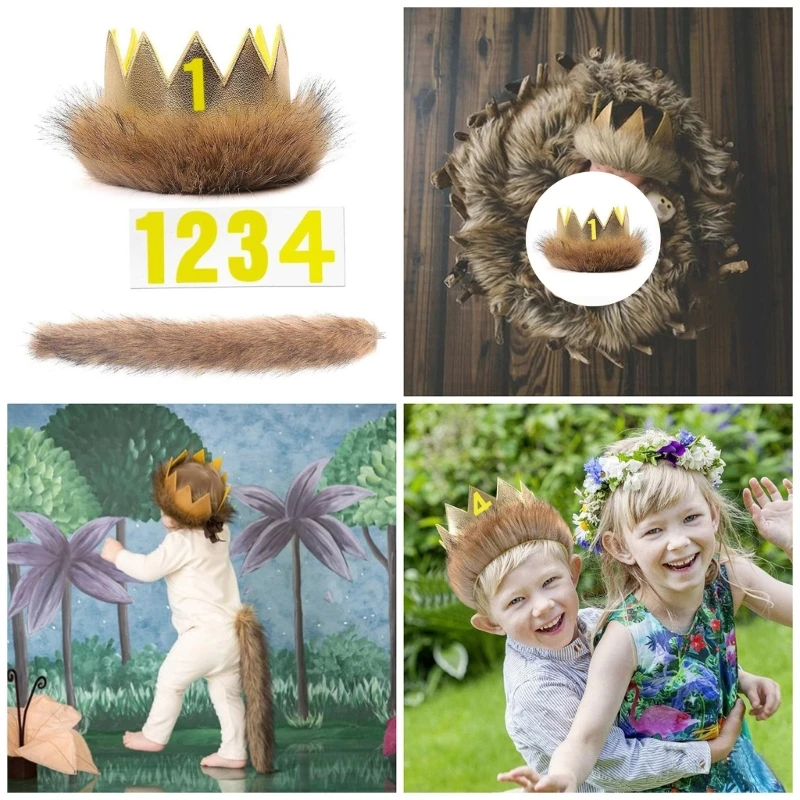 

2Pcs Baby Crown Hat and Matching Tail Set with 1-4 Number Stickers Photo Props for Photoshoots and Birthday Parties