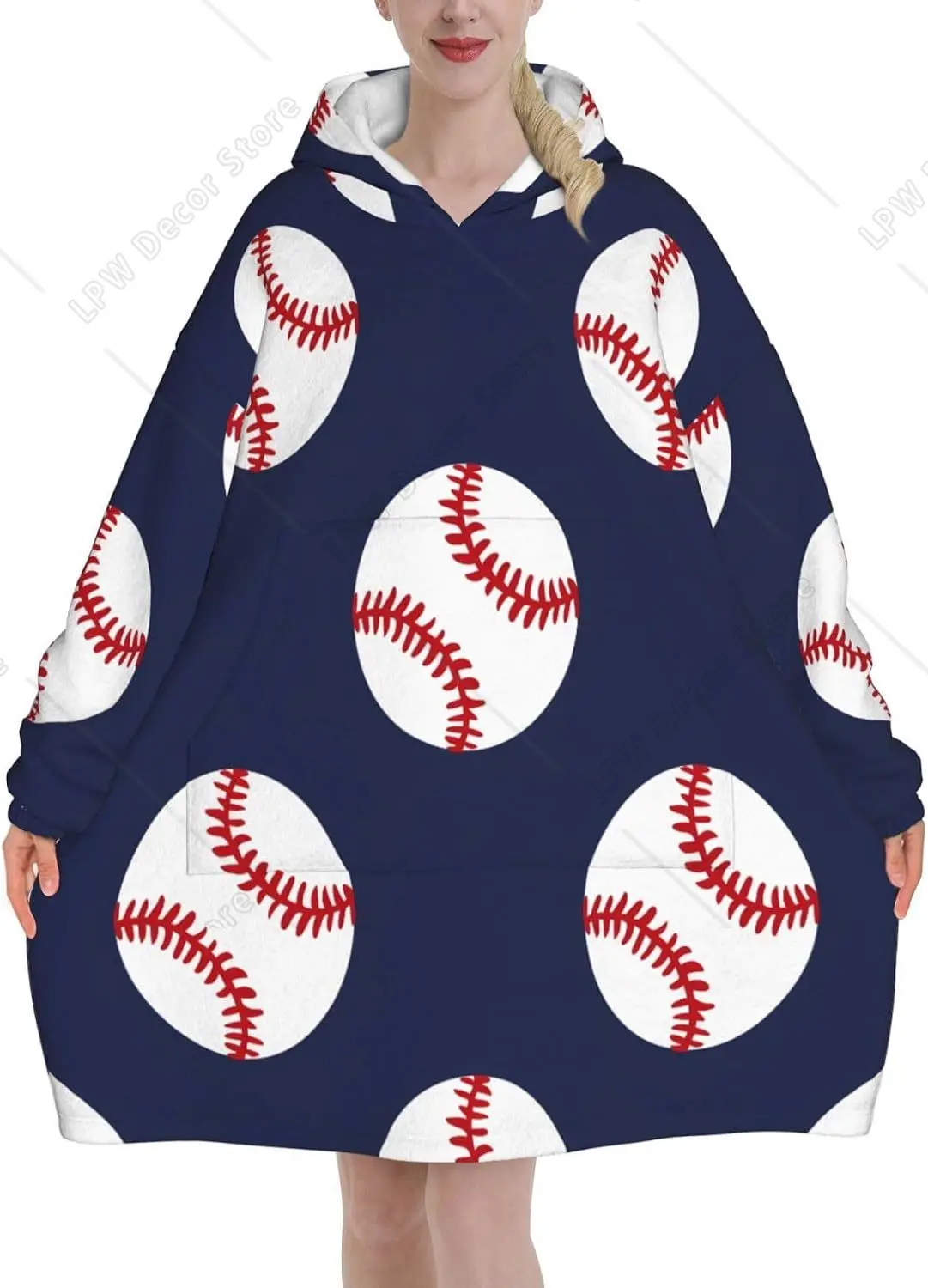 Blue Baseball Pattern Wearable Blanket Hoodie Sport Theme Oversized Sweatshirt Blanket Cozy Warm Sherpa Hooded Blanket