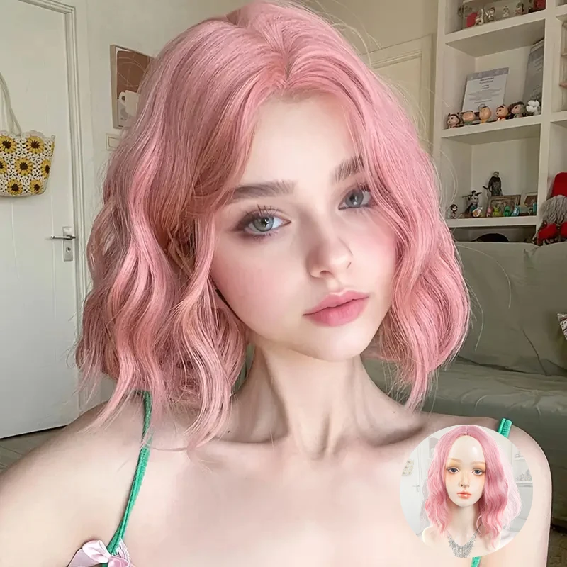 

14Inch Pink Wig for Women Short Wavy Pastel Pink Wigs with Lace Shoulder Length Middle Part Curly Wavy Wig