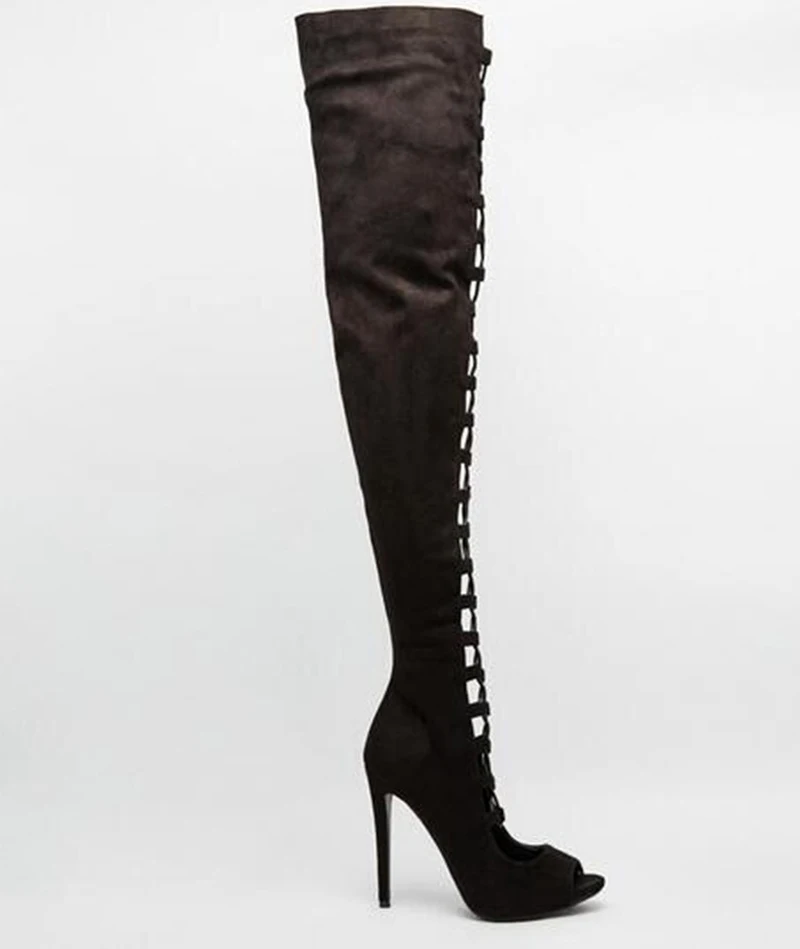 Fashion Black apricot Suede Cross tied Cutout Thigh Boots Thin High  Heels Peep toe Over the knee Boots Woman Knight Boots