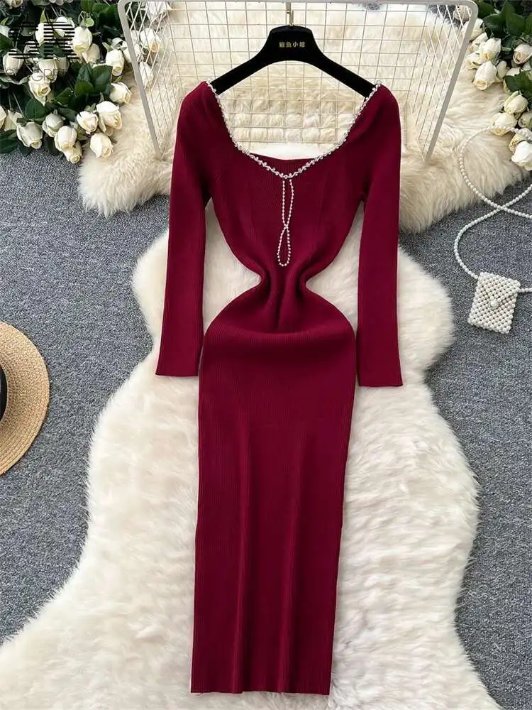 BabYoung الشتاء الديكور محبوك فساتين النساء طويلة الأكمام النمط الفرنسي مزاجه الصلبة الخريف موضة مطاطا فستان كبار