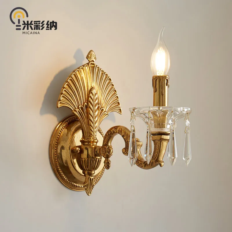 

Single-head French all-copper crystal wall lamp bedroom bedside retro villa living room dining room study aisle staircase lamp