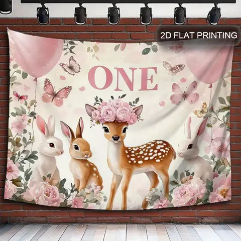 11st Birthday Party Background - Pink and white floral deer，Rabbit，Balloon Decoration，No Electricity Required