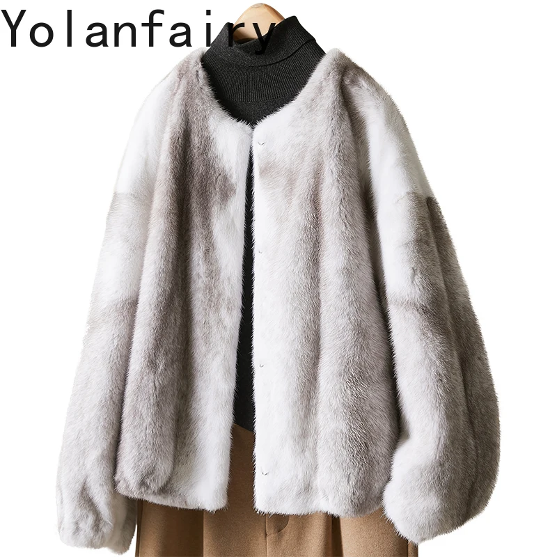 YOLANFAIRY High-end Whole Cross Mink Fur Jackets for Woman Winter Natural Fur Coat Warm Short Real Fur Jacket Women Clothing